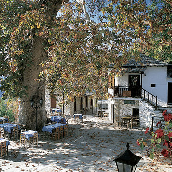Autumn at the main square of Vizitsa. The leaves are getting yellow and the tables are empty.